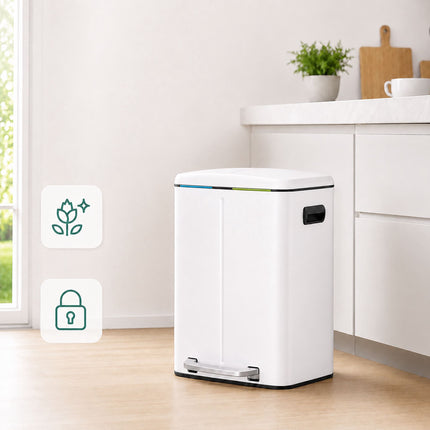 2-Compartment Pedal Bin 2 x 20 L with Soft-Close Lid, White
