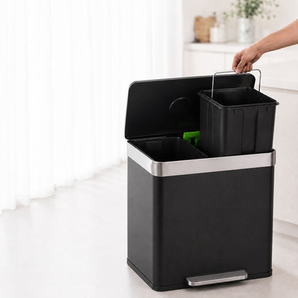 2-Compartment Pedal Bin 2 x 30 l with Soft-Close Lid, Black, 15 Bin Liners