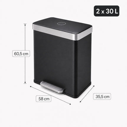2-Compartment Pedal Bin 2 x 30 l with Soft-Close Lid, Black, 15 Bin Liners