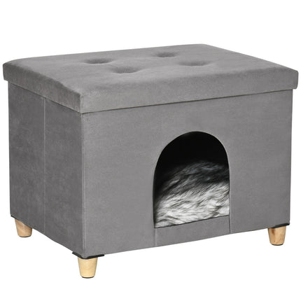 2-in-1 Katzenhöhlen-Hocker mit Kissen, Holzbeinen, grau