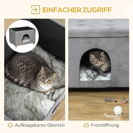2-in-1 Katzenhöhlen-Hocker mit Kissen, Holzbeinen, grau