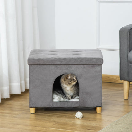 2-in-1 Katzenhöhlen-Hocker mit Kissen, Holzbeinen, grau