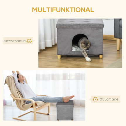 2-in-1 Katzenhöhlen-Hocker mit Kissen, Holzbeinen, grau
