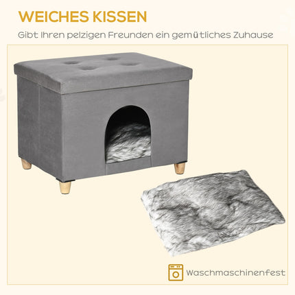 2-in-1 Katzenhöhlen-Hocker mit Kissen, Holzbeinen, grau
