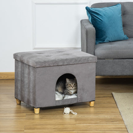 2-in-1 Katzenhöhlen-Hocker mit Kissen, Holzbeinen, grau