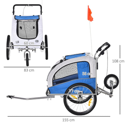 Hundefahrradanhänger und Jogger, blau/grau, 155 x 83 x 108 cm