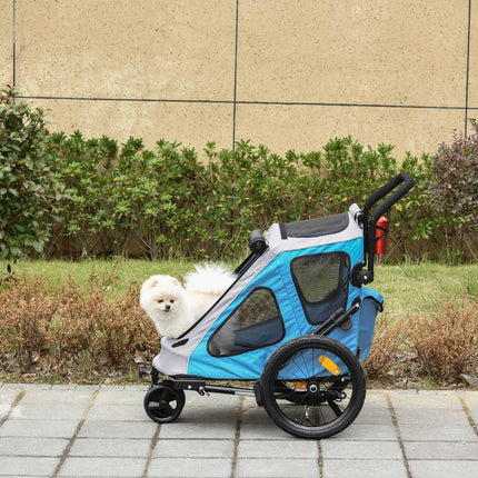 2-In-1 Hondenkar Multifunctionele Huisdierfietskar Ademend Oxfordstof Metaal Blauw