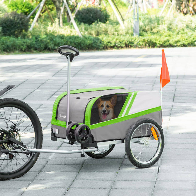 Dog bike trailer & carrier for pets, green/grey, metal frame