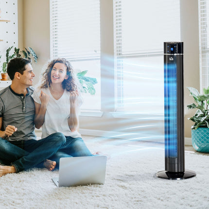 Ventilateur tour 2 en 1 sur pied avec télécommande, ioniseur, minuterie, 3 niveaux, oscillation à 60°, 60 W, noir