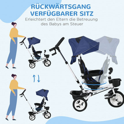 2-in-1-Dreirad für Kinder mit Sonnendach und Sicherheitsgurt, blau