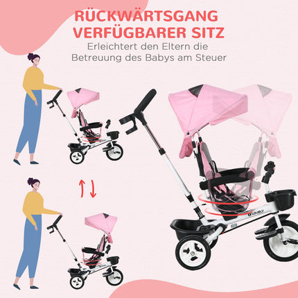 2-in-1 rosa Dreirad mit Sonnendach, Sicherheitsgurt und Korb