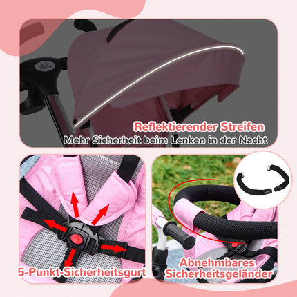 2-in-1 rosa Dreirad mit Sonnendach, Sicherheitsgurt und Korb