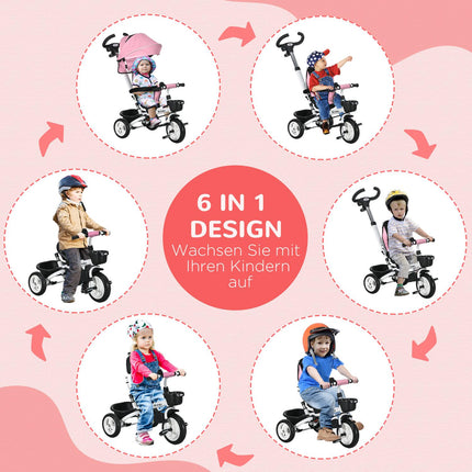 2-in-1 rosa Dreirad mit Sonnendach, Sicherheitsgurt und Korb