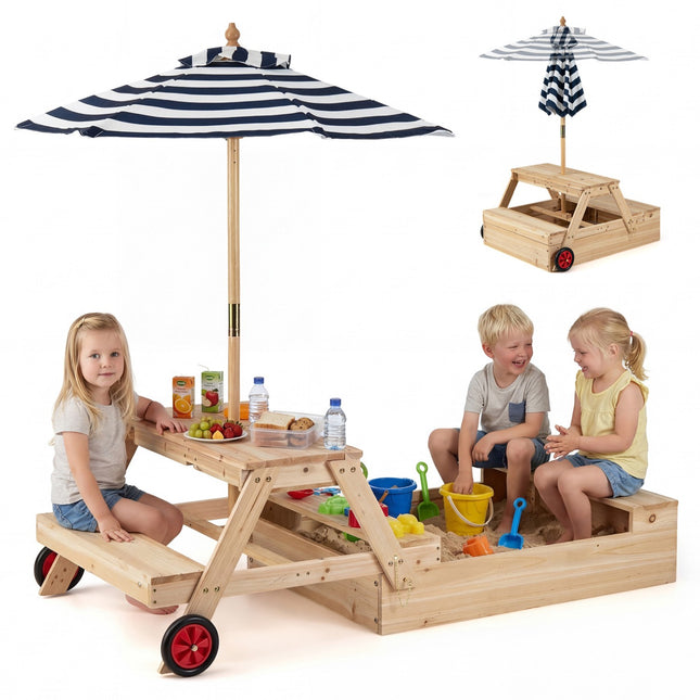 2-in-1 Holzsandkasten und Picknicktisch mit Schirm, Blau