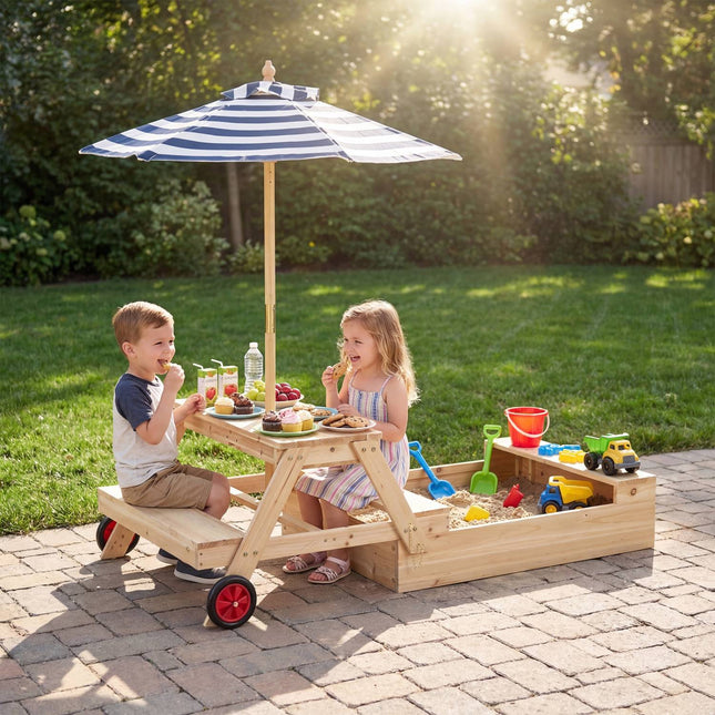 2-in-1 Holzsandkasten und Picknicktisch mit Schirm, Blau