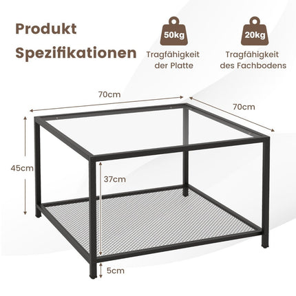 2 Level Glass Table with Storage Space & Mesh Shelf Modern Square Coffee Table 70 x 70 x 45 cm Transparent