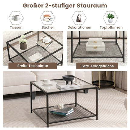 2 Level Glass Table with Storage Space & Mesh Shelf Modern Square Coffee Table 70 x 70 x 45 cm Transparent