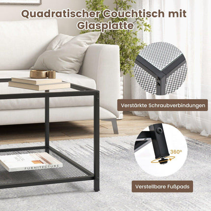 2 Level Glass Table with Storage Space & Mesh Shelf Modern Square Coffee Table 70 x 70 x 45 cm Transparent