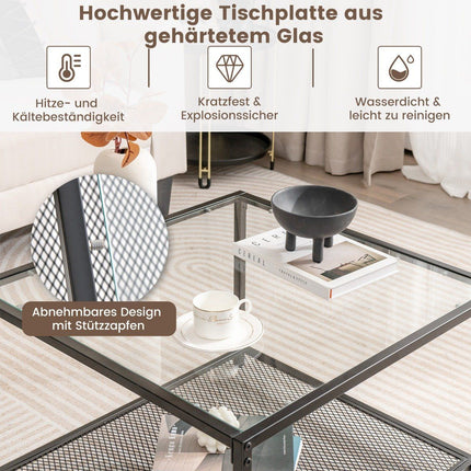 2 Level Glass Table with Storage Space & Mesh Shelf Modern Square Coffee Table 70 x 70 x 45 cm Transparent