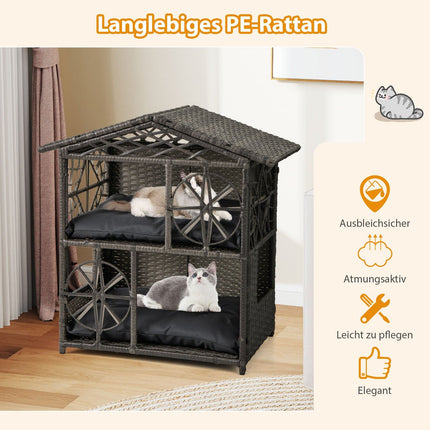2-Level Rattan Cat House with Removable Cushions