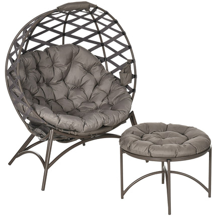 Ensemble de 2 chaises de jardin en osier avec panier pliable, comprenant un tabouret 2 en 1, un coussin et une chaise longue en acier, sable, 118 x 75 x 142 cm