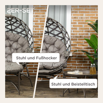 Ensemble de 2 chaises de jardin en osier avec panier pliable, comprenant un tabouret 2 en 1, un coussin et une chaise longue en acier, sable, 118 x 75 x 142 cm