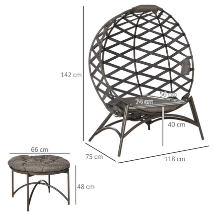 Ensemble de 2 chaises de jardin en osier avec panier pliable, comprenant un tabouret 2 en 1, un coussin et une chaise longue en acier, sable, 118 x 75 x 142 cm