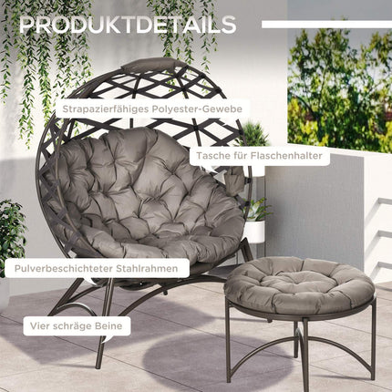 Ensemble de 2 chaises de jardin en osier avec panier pliable, comprenant un tabouret 2 en 1, un coussin et une chaise longue en acier, sable, 118 x 75 x 142 cm