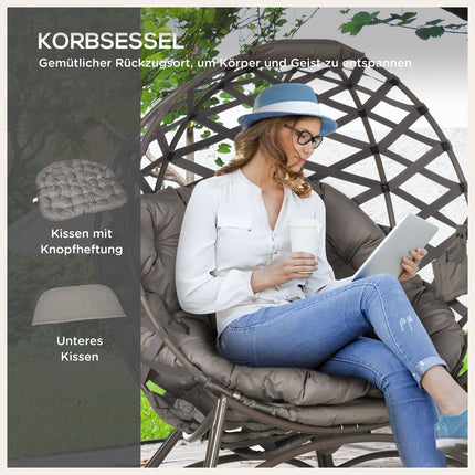 Ensemble de 2 chaises de jardin en osier avec panier pliable, comprenant un tabouret 2 en 1, un coussin et une chaise longue en acier, sable, 118 x 75 x 142 cm