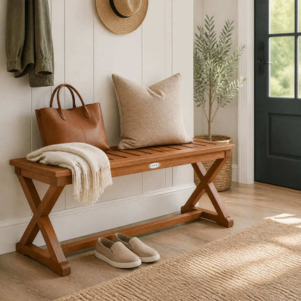 2-Person 44" Teak Hardwood Outdoor Bench with Slatted Seat