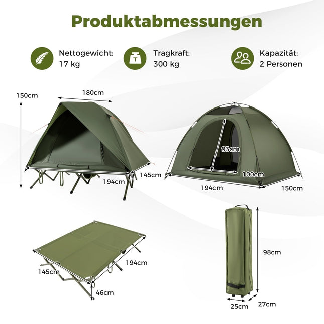 2-Personen-Campingzelt mit Feldbett, Regenschutz und Tragetasche