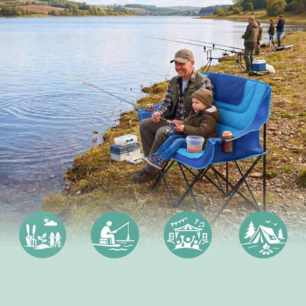 2-Person Folding Camping Chair – Padded, Cup Holders, Bag