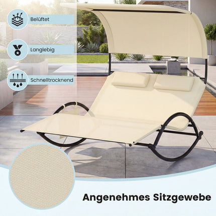 2-Person Swing Sun Lounger With Canopy, 2 Headrests, Beige