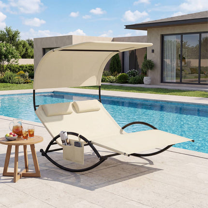 2-Person Swing Sun Lounger With Canopy, 2 Headrests, Beige