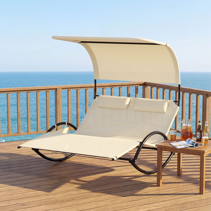 2-Person Swing Sun Lounger With Canopy, 2 Headrests, Beige