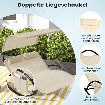 2-Person Swing Sun Lounger With Canopy, 2 Headrests, Beige