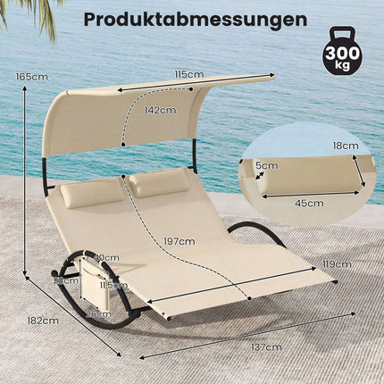 2-Person Swing Sun Lounger With Canopy, 2 Headrests, Beige