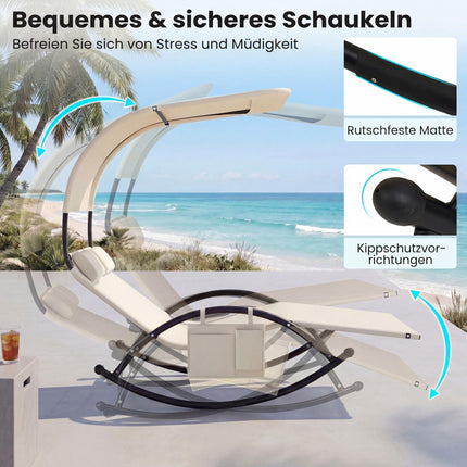 2-Person Swing Sun Lounger With Canopy, 2 Headrests, Beige