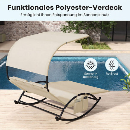 2-Person Swing Sun Lounger With Canopy, 2 Headrests, Beige