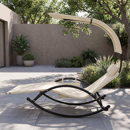 2-Person Swing Sun Lounger With Canopy, 2 Headrests, Beige