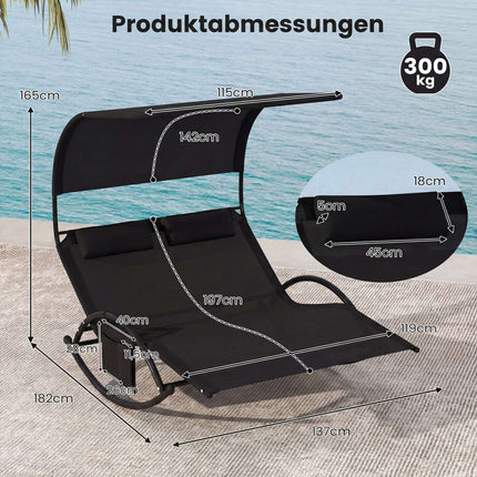 2-Personen-Schaukel-Sonnenliege mit Überdachung, Seitentasche, 2 Kopfstützen