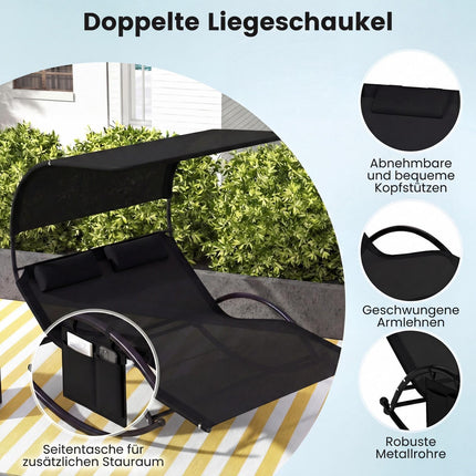 2-Personen-Schaukel-Sonnenliege mit Überdachung, Seitentasche, 2 Kopfstützen