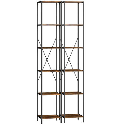 2-Piece 6-Tier Bookshelf Set, Steel Frame, Rustic Brown
