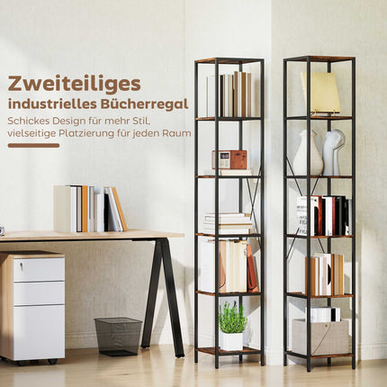 2-Piece 6-Tier Bookshelf Set, Steel Frame, Rustic Brown