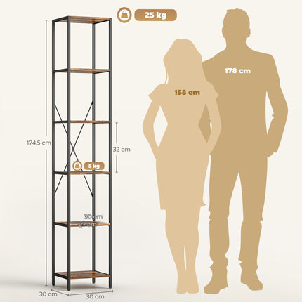 2-Piece 6-Tier Bookshelf Set, Steel Frame, Rustic Brown