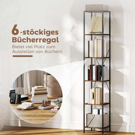 2-Piece 6-Tier Bookshelf Set, Steel Frame, Rustic Brown