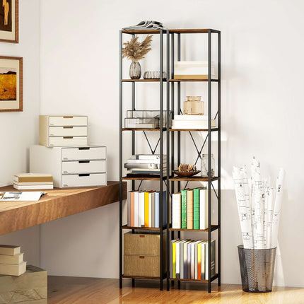 2-Piece 6-Tier Bookshelf Set, Steel Frame, Rustic Brown