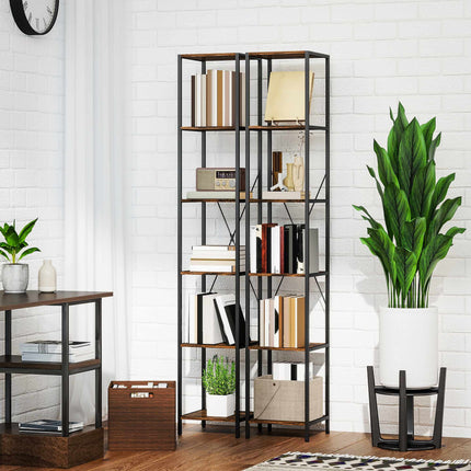 2-Piece 6-Tier Bookshelf Set, Steel Frame, Rustic Brown