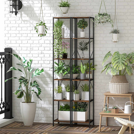2-Piece 6-Tier Bookshelf Set, Steel Frame, Rustic Brown