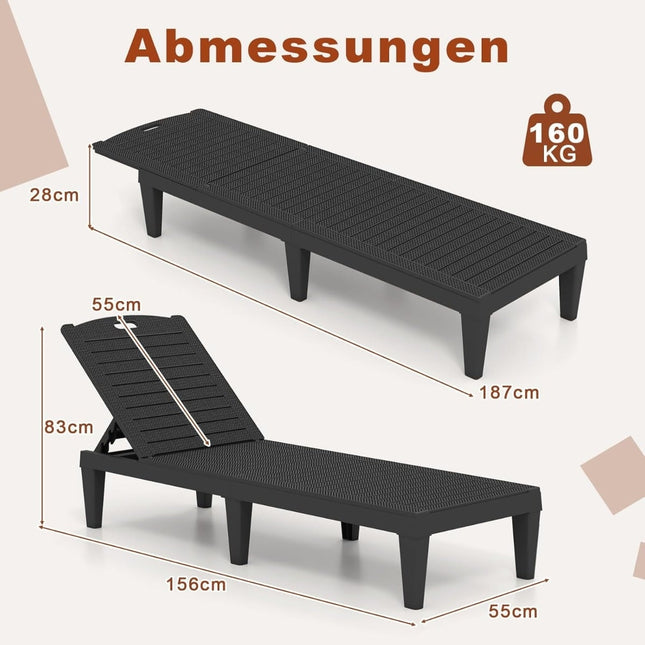 2-teiliges verstellbares Liegestuhl-Set, Schwarz, Wetterfest